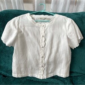 100% Linen White Button Up Shirt Scalloped Edges Covered Buttons